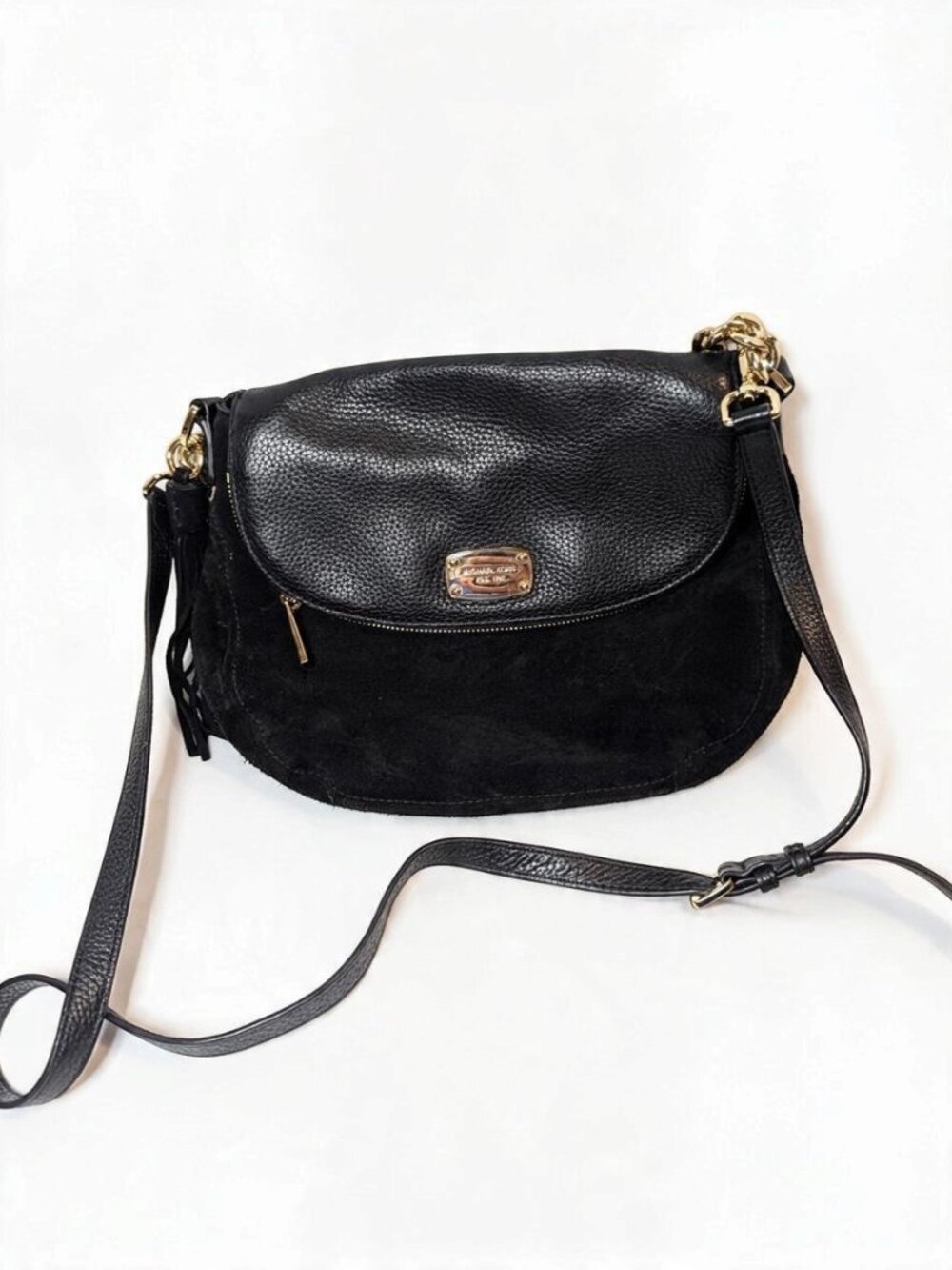 Michael Kors Black Pebbled Leather Suede Tassel Flap Crossbody Bag